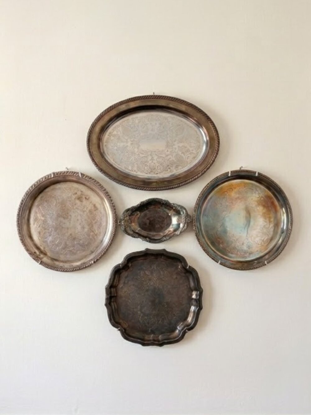 LOT OF 5 Vintage Silverplate Serving Trays Platters Etched Victorian Decor MCM